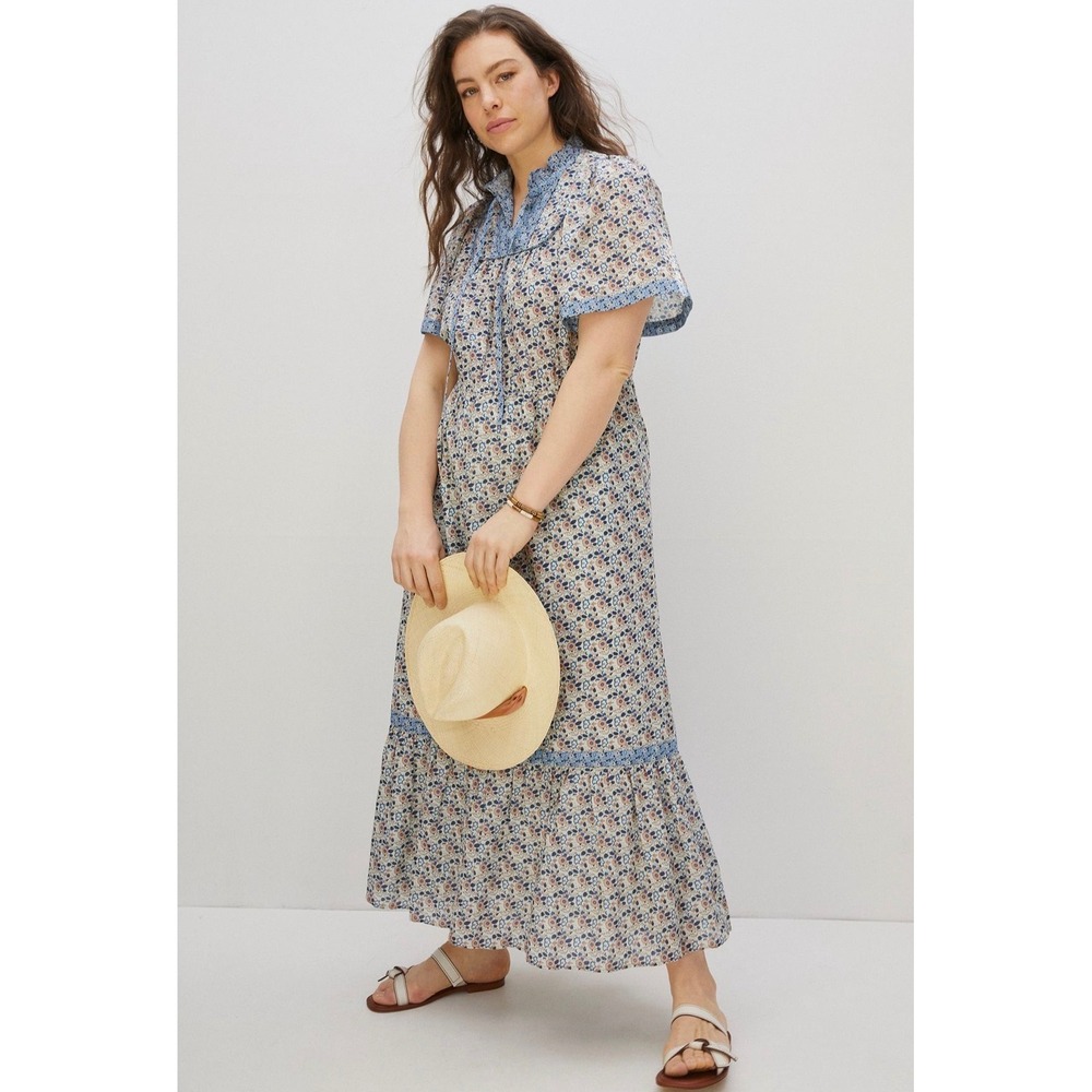 Anthropologie Othilia Titania Flounced Floral Cotton Maxi Dress Blue Size S